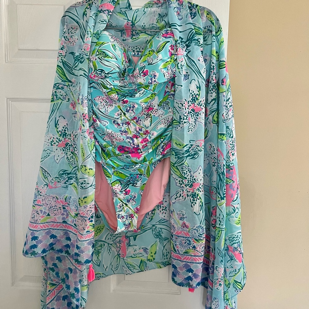 Lilly Pulitzer Flamenco Swimsuit in Bali Blue Sway This Way With Pareo